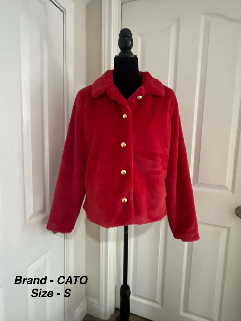 Cato Elegant Plush Red Button-Front Jacket with Gold Buttons